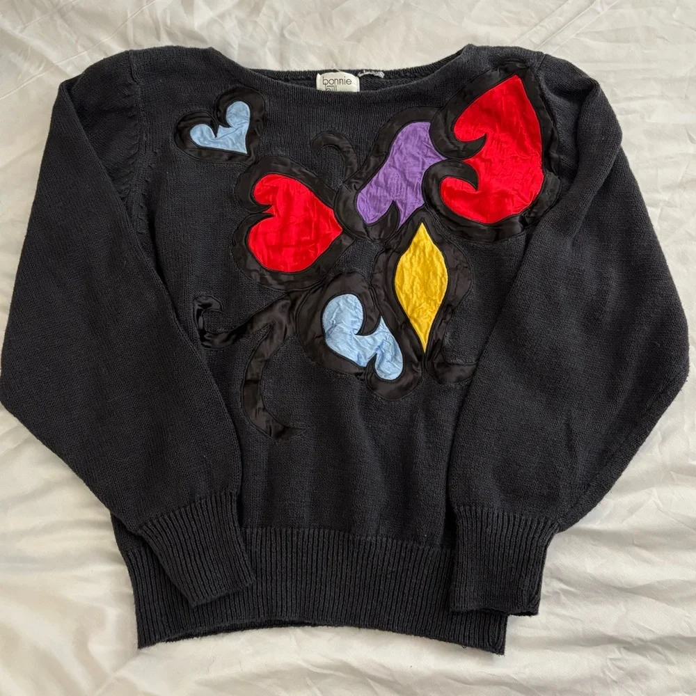 Vintage 80s Bonnie & Bill Colorful Embroidered Sweater Art Deco Cottagecore - Picture 1 of 8